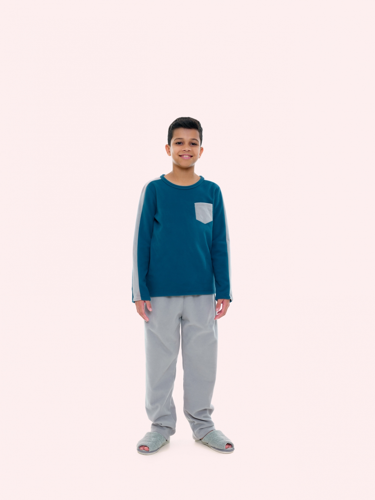 PIJAMA MASCULINO JUVENIL MANGA LONGA E CALÇA SOFT AZUL E MESCLA