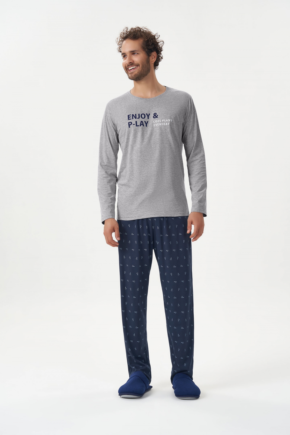 PIJAMA MASCULINO COR COM AMOR MANGA LONGA E CALÇA ALGODÃO ENJOY MESCLA