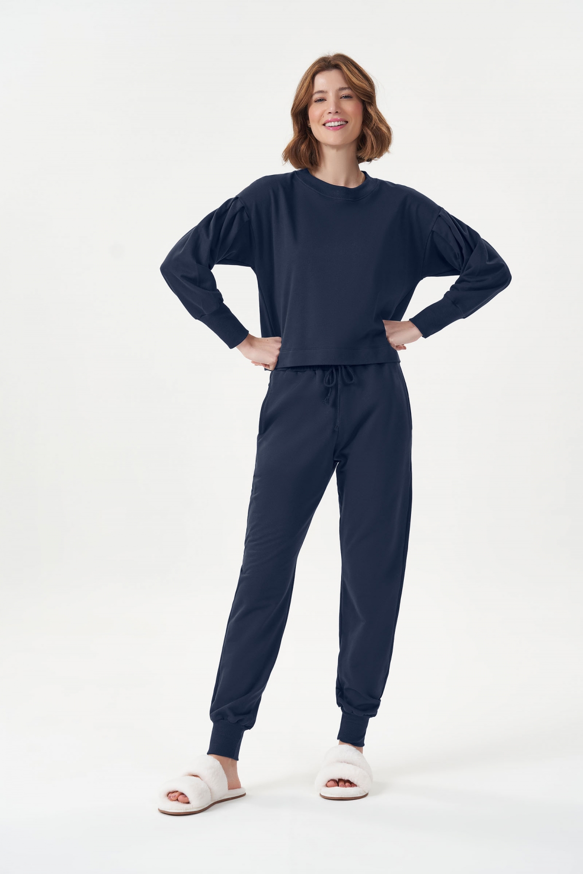 PIJAMA FEMININO COR COM AMOR MANGA LONGA E CALÇA PUNHO AZUL