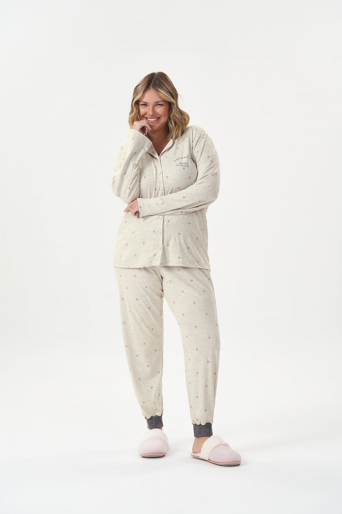 PIJAMA FEMININA COR COM AMOR MANGA LONGA ABERTO PUNHO POA MAGIC PLUS SIZE