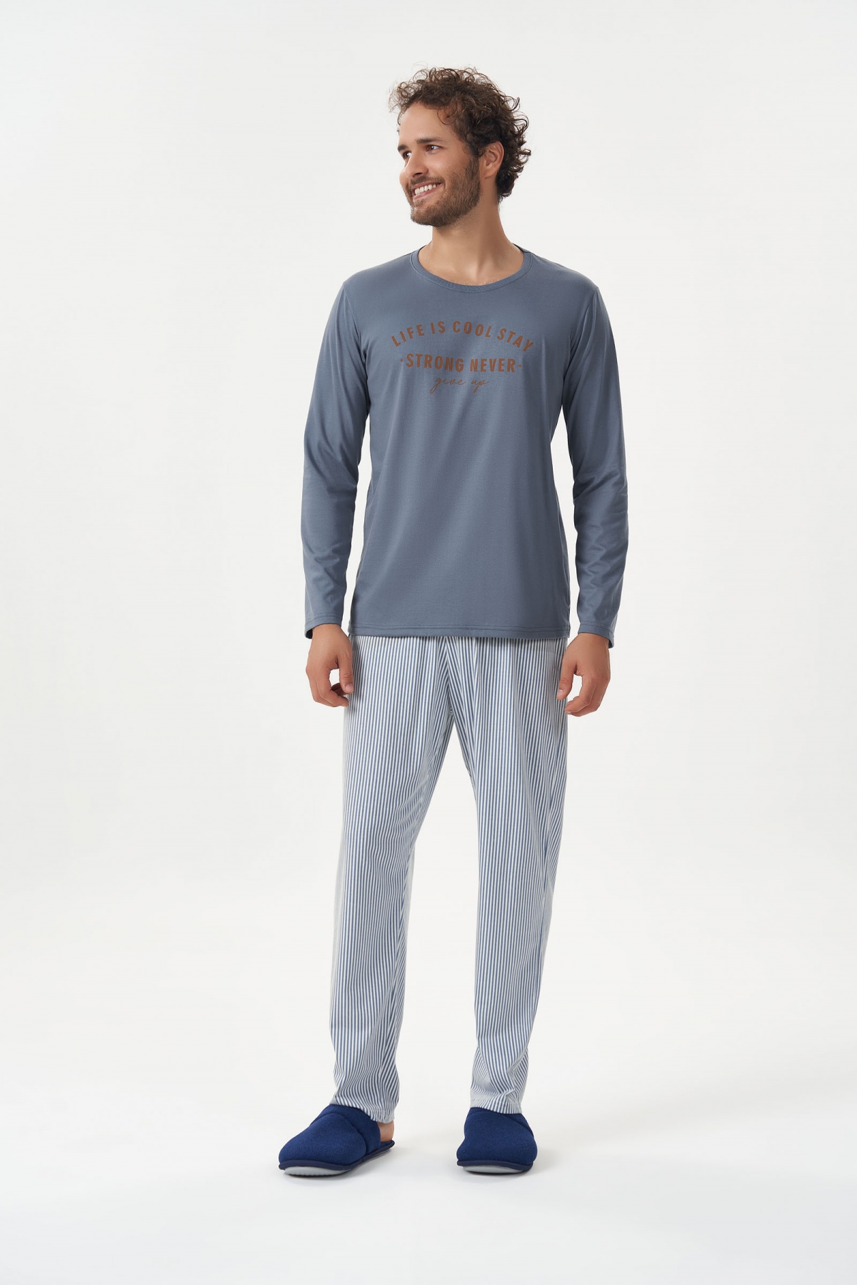 PIJAMA MASCULINO COR COM AMOR MANGA LONGA LISA E CALÇA LISTRADA AZUL PLUS SIZE