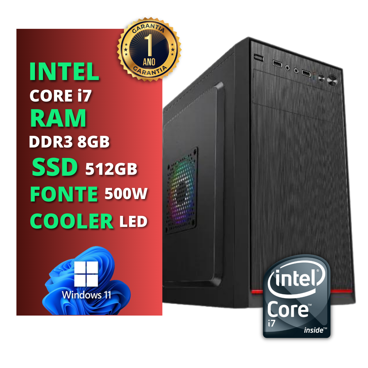 Computador Office M1 Intel Core i7 - 8GB RAM - SSD 512Gb - FONTE 500w + Windows 11