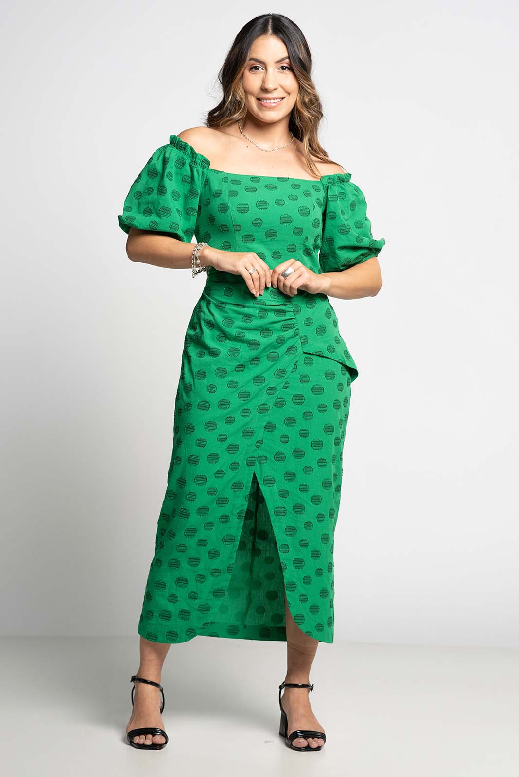 Vestido Midi Tecido Texturado Verde