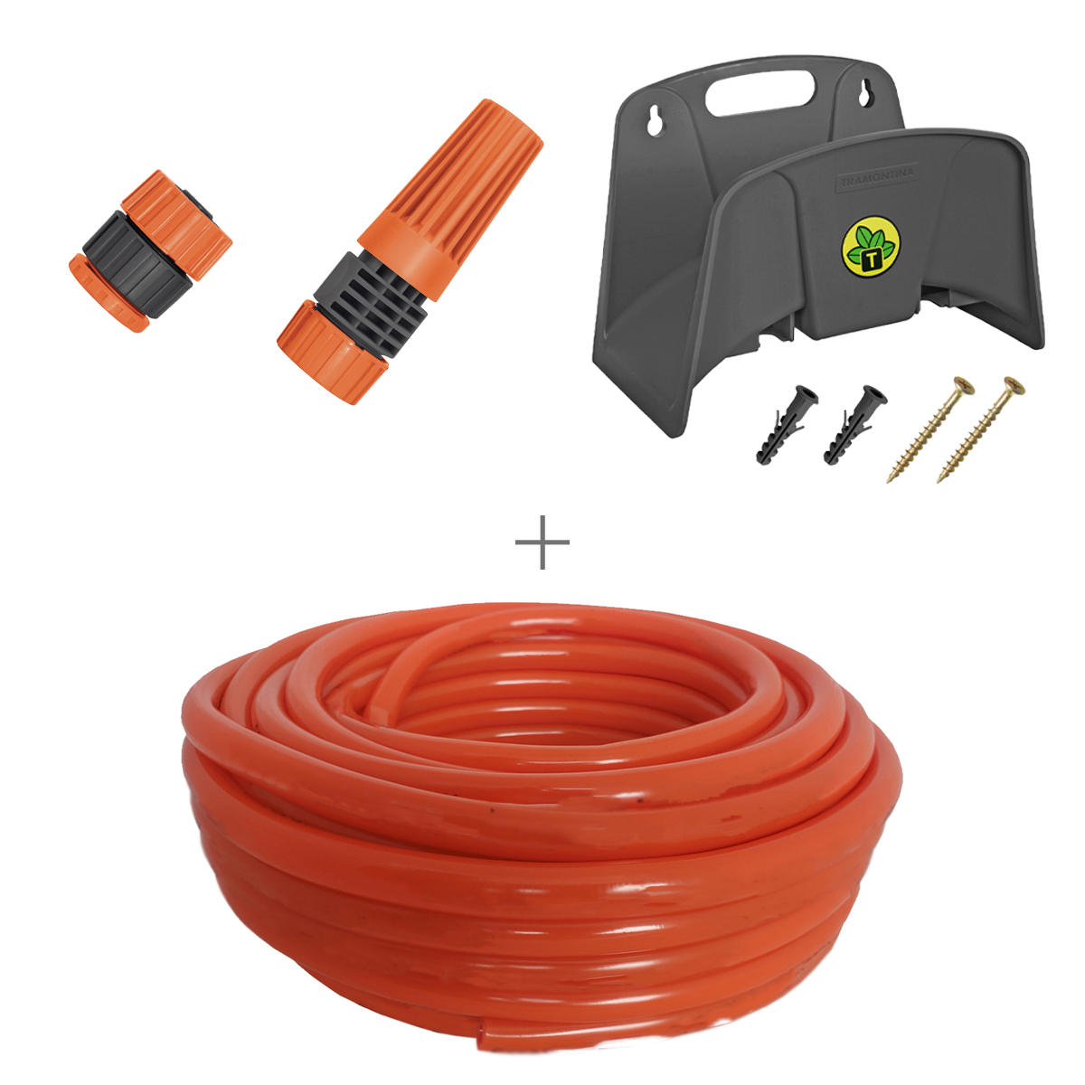 Kit Mangueira Siliconada Laranja 30m Esguicho, Engate rosqueavel e Suporte Tramontina