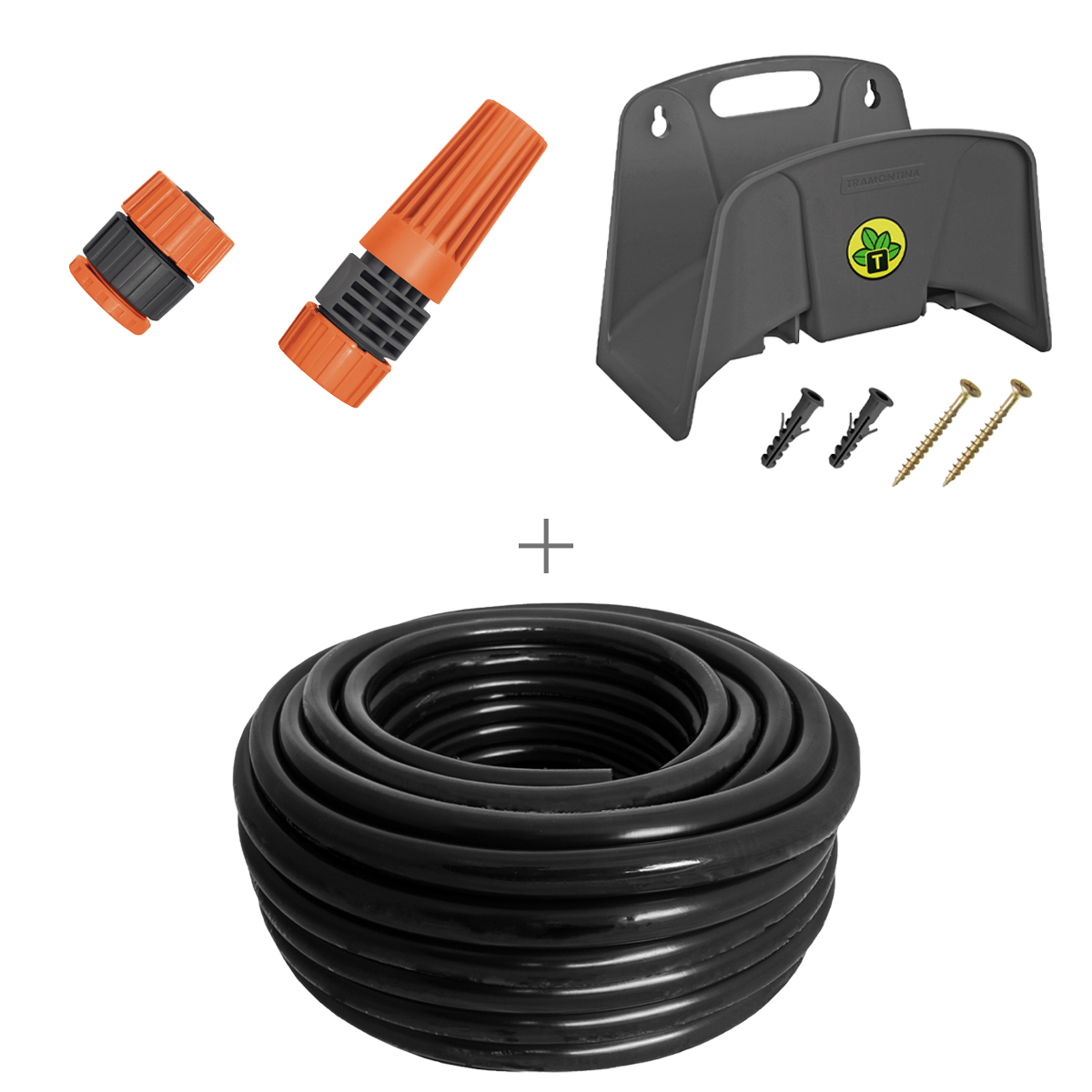 Kit Mangueira Siliconada Preta 20m Esguicho, Engate rosqueavel e Suporte Tramontina