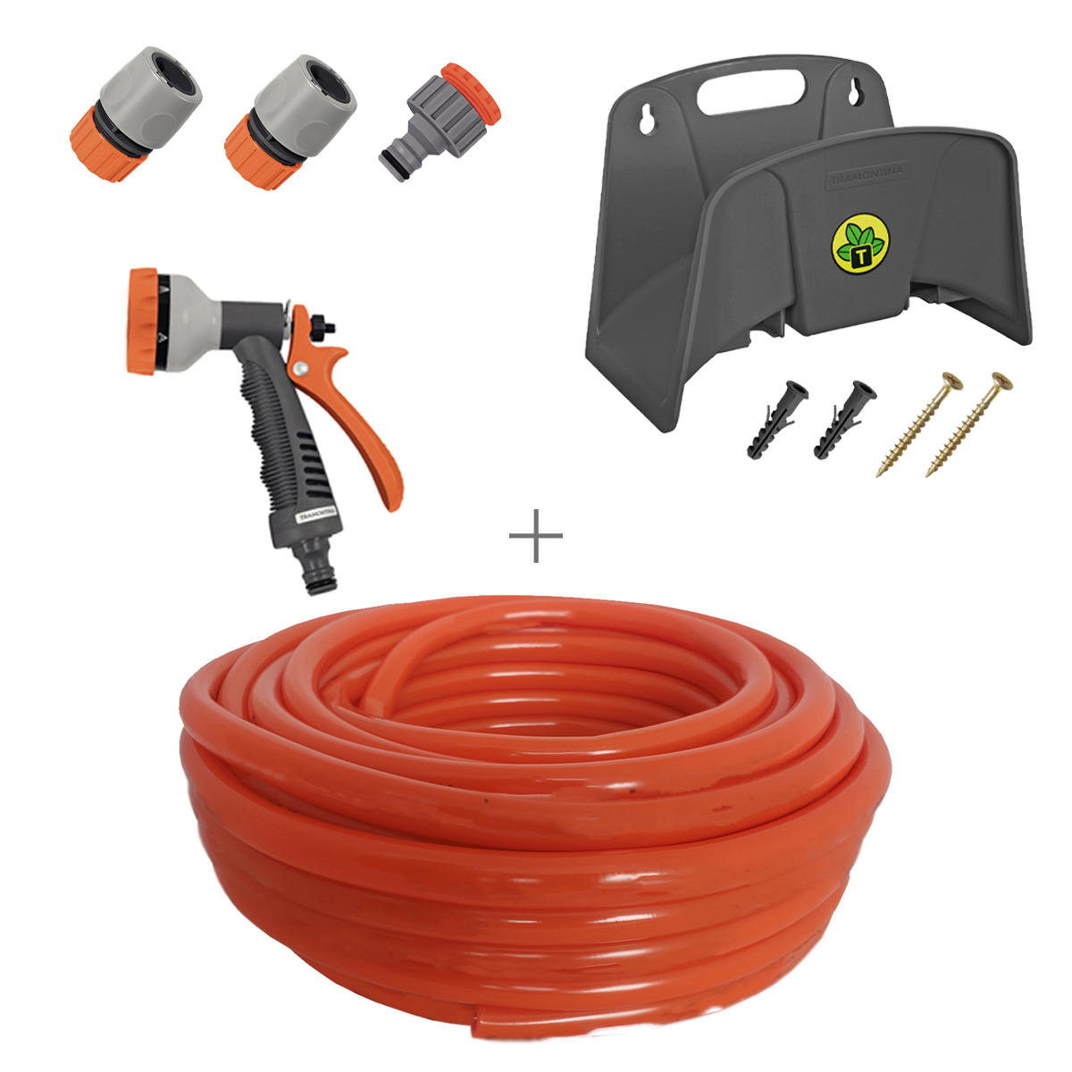 Kit Mangueira Siliconada Laranja 30m Esguicho, Engate Rapido Esguicho 6 Jatos e Suporte Tramontina