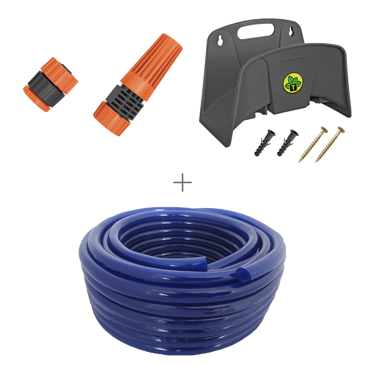 Kit Mangueira Siliconada Azul 50m Esguicho, Engate rosqueavel e Suporte Tramontina