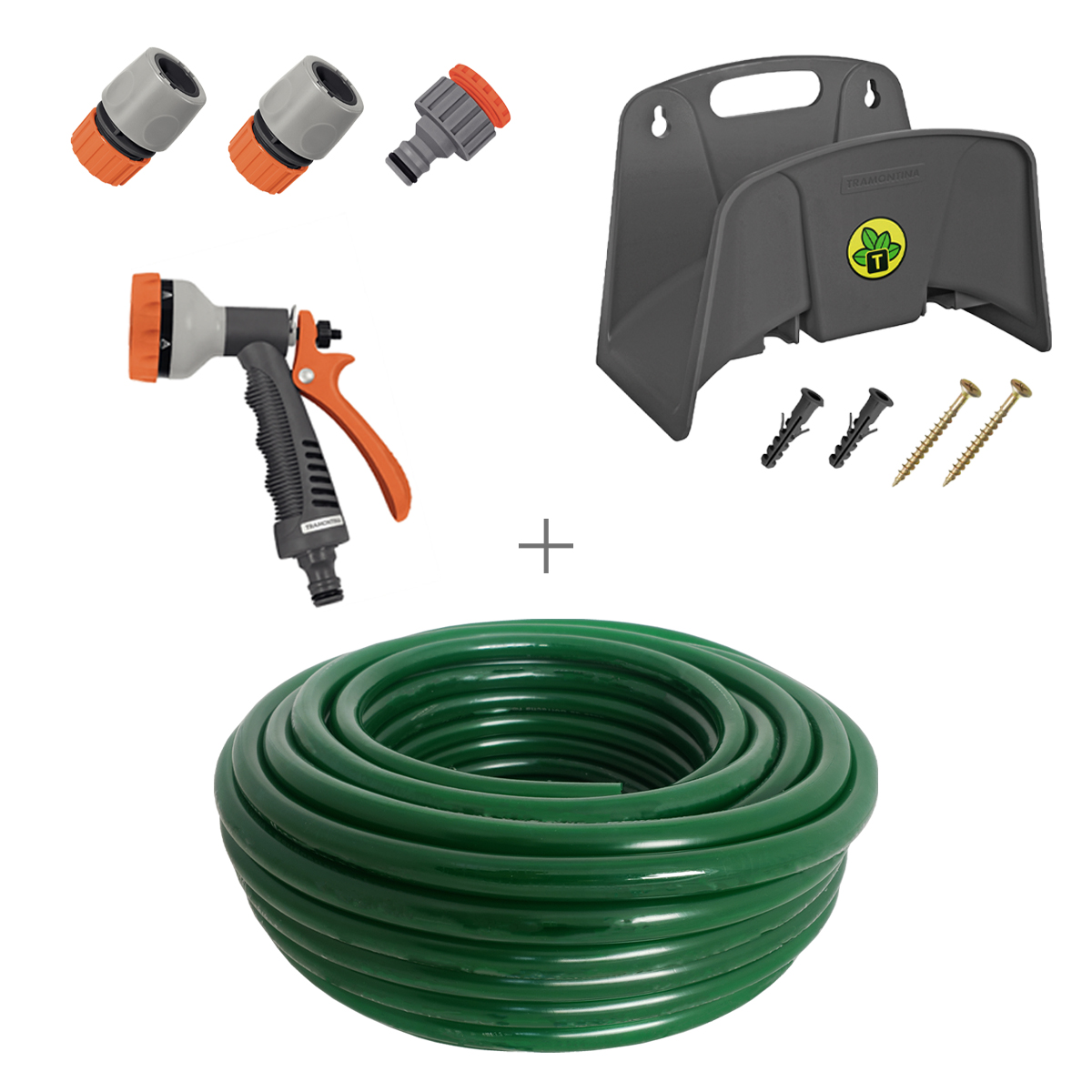 Kit Mangueira Siliconada Verde 30m Esguicho, Engate Rapido Esguicho 6 Jatos e Suporte Tramontina