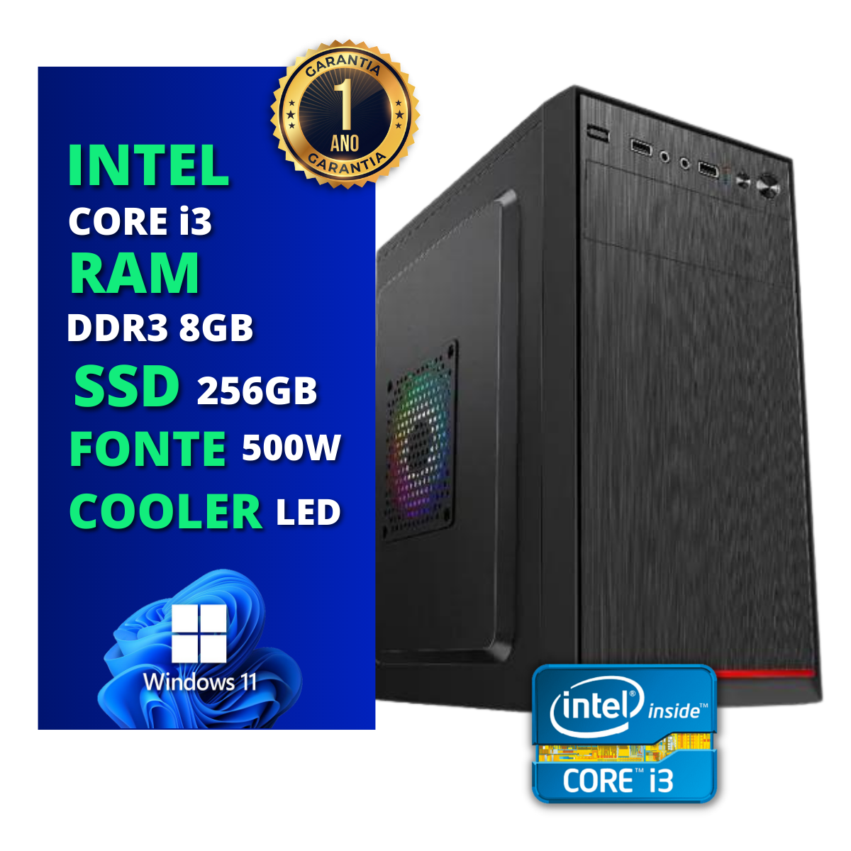 Computador Office M1 Intel Core i3 - 8GB RAM - SSD 256Gb - FONTE 500w + Windows 11