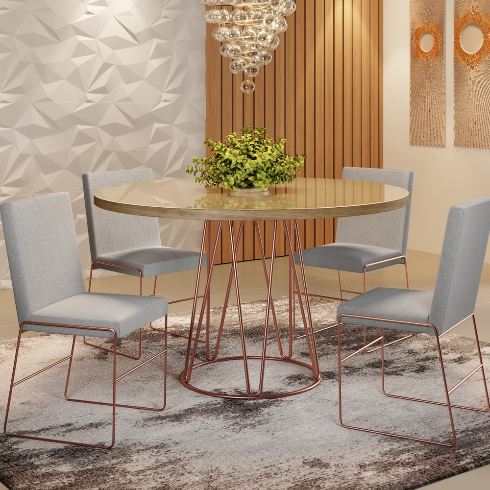 Conjunto Sala de Jantar Mesa 110cm Mdf Vidro Off White Com 4 Cadeiras Dubai Mais Decor