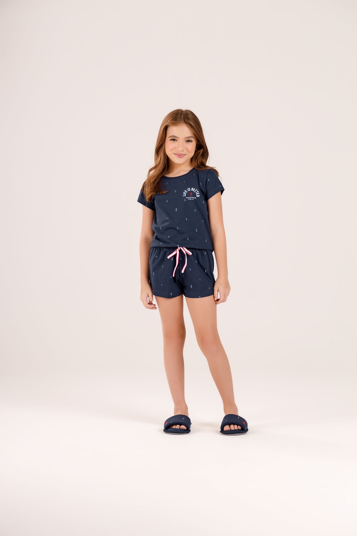 SHORTDOLL FEMININO COR COM AMOR JUVENIL MANGA CURTA ANCORA FAMILIA AZUL