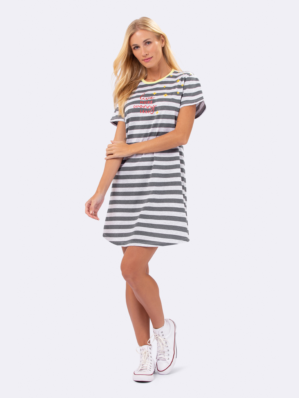 CAMISOLA FEMININA COR COM AMOR MANGA CURTA LISTRADA MESCLA