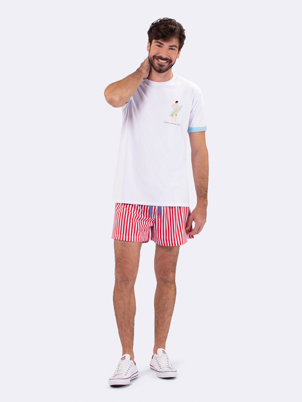 PIJAMA MASCULINO VEGGI MANGA CURTA CAMISA BRANCA SHORT LISTRADO VERMELHO