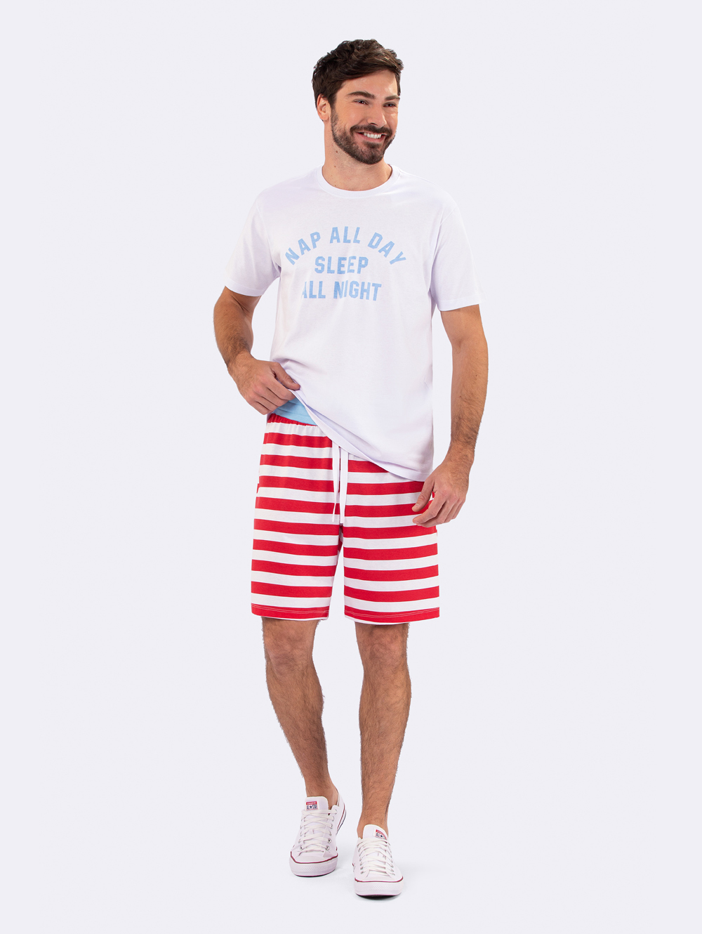 PIJAMA MASCULINO VEGGI MANGA CURTA BRANCO LISTRAS VERMELHO