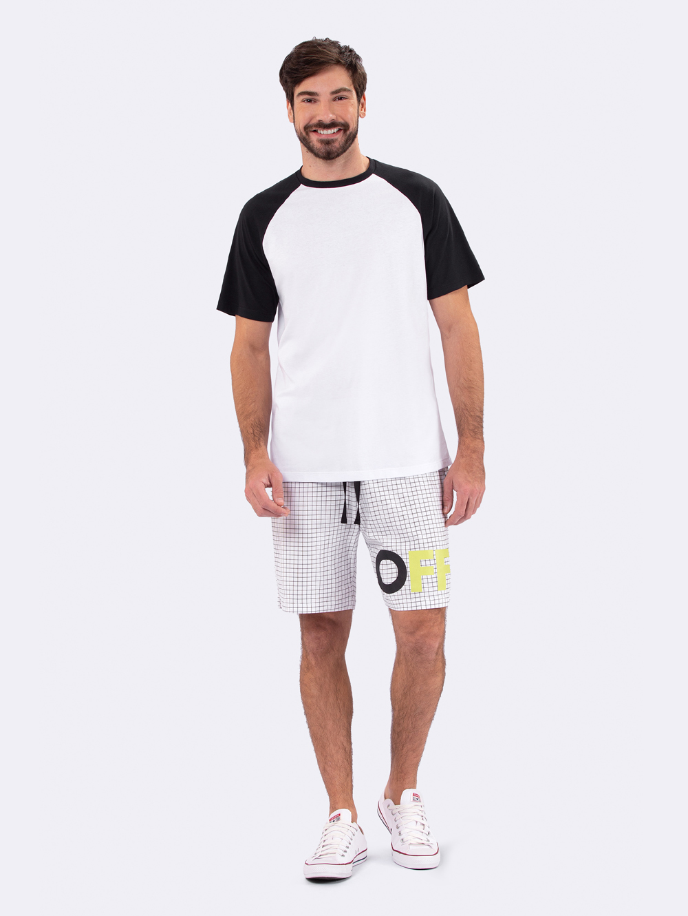 PIJAMA MASCULINO VEGGI MANGA CURTA OFF WHITE COM BERMUDA XADREZ PRETO