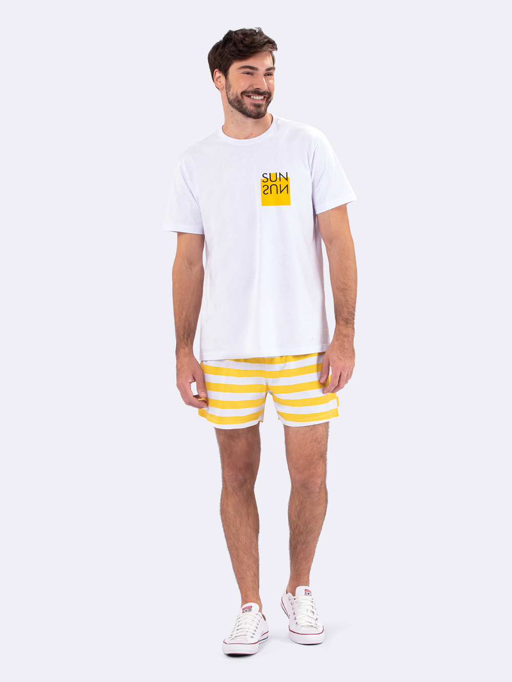 PIJAMA MASCULINO VEGGI MANGA CURTA BRANCO COM LISTRAS AMARELO