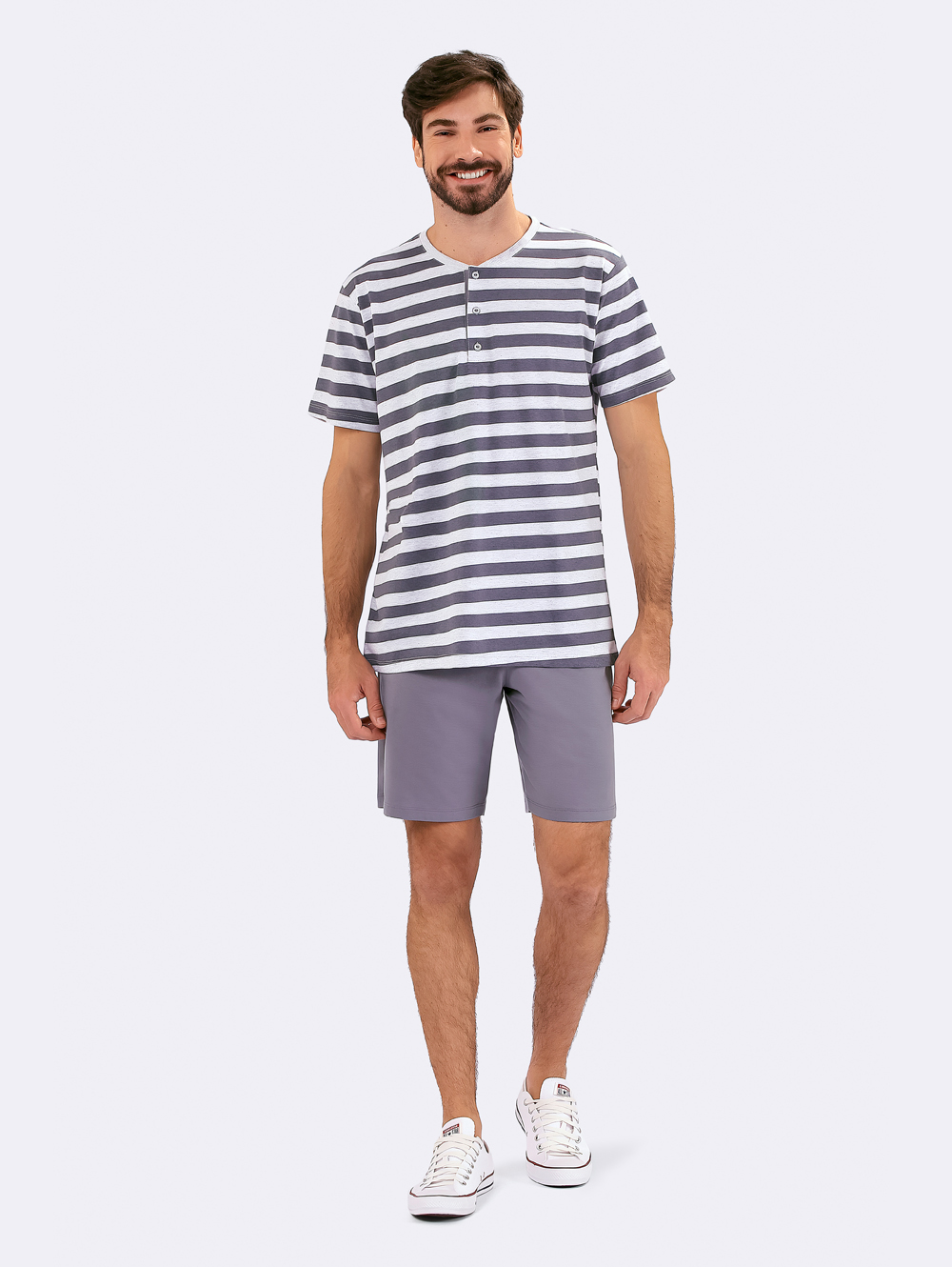 PIJAMA MASCULINO VEGGI MANGA CURTA 3 BOTÕES MESCLA LISTRADO