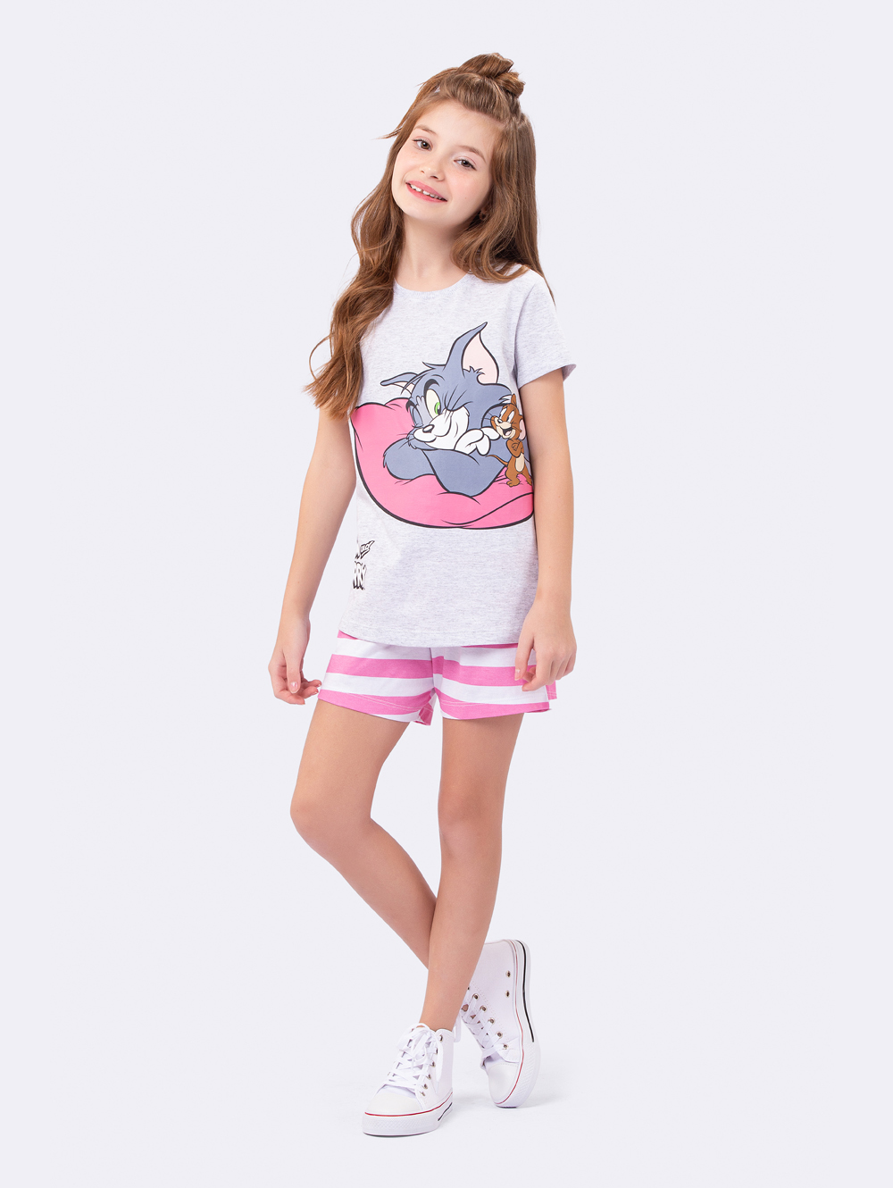 SHORTDOLL FEMININO INFANTIL VEGGI MANGA CURTA TOM E JERRY ROSA LISTRAS