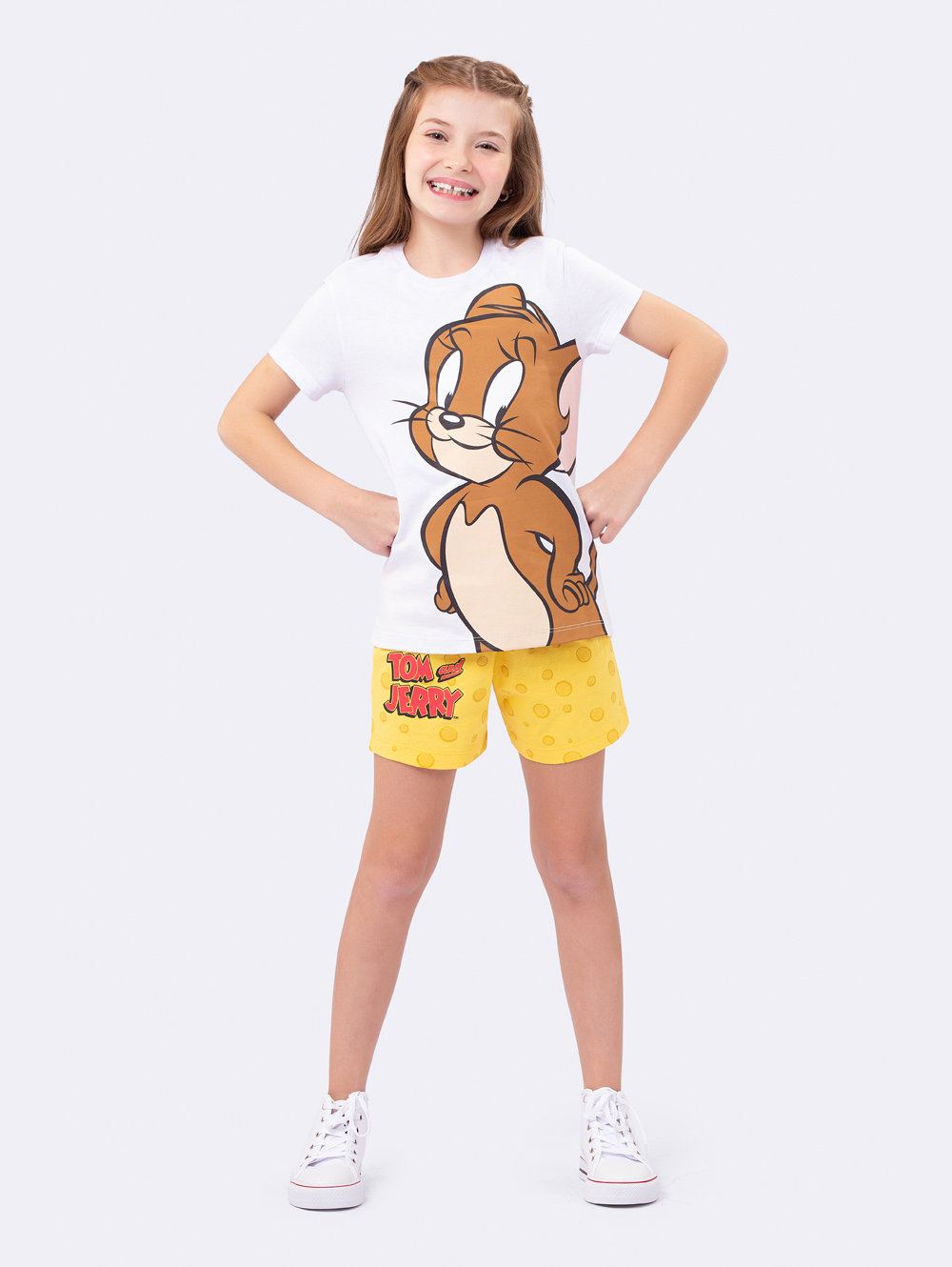 SHORTDOLL FEMININO VEGGI INFANTIL TOM E JERRY BRANCO COM AMARELO