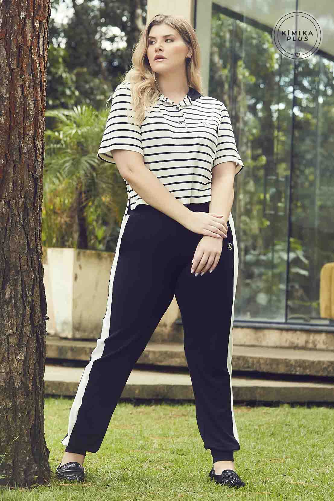 Conjunto de Calça e Blusa Polo Preto e Branco Plus Size 