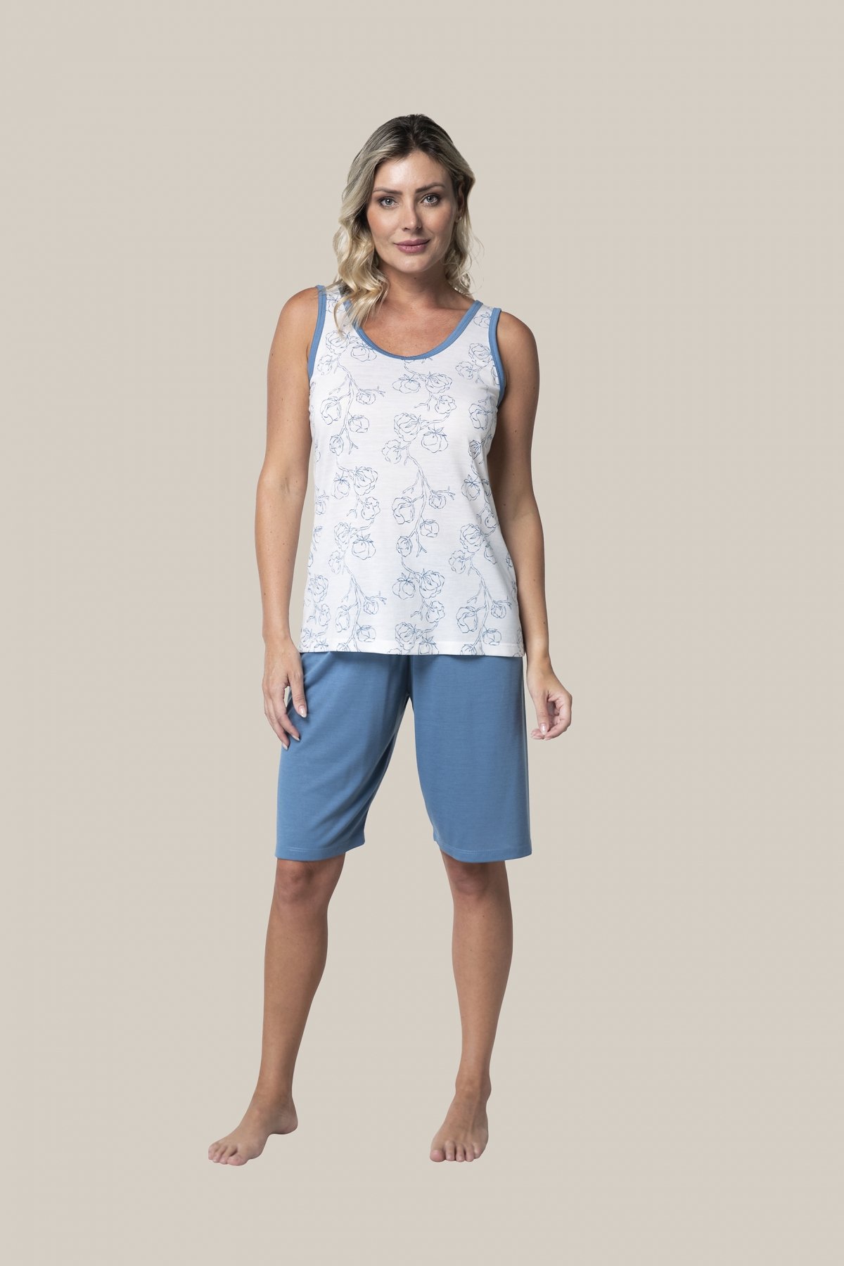 BERMUDOL FEMININO BOCEJINHO REGATA FLORAL PEROLA AZUL PLUS SIZE