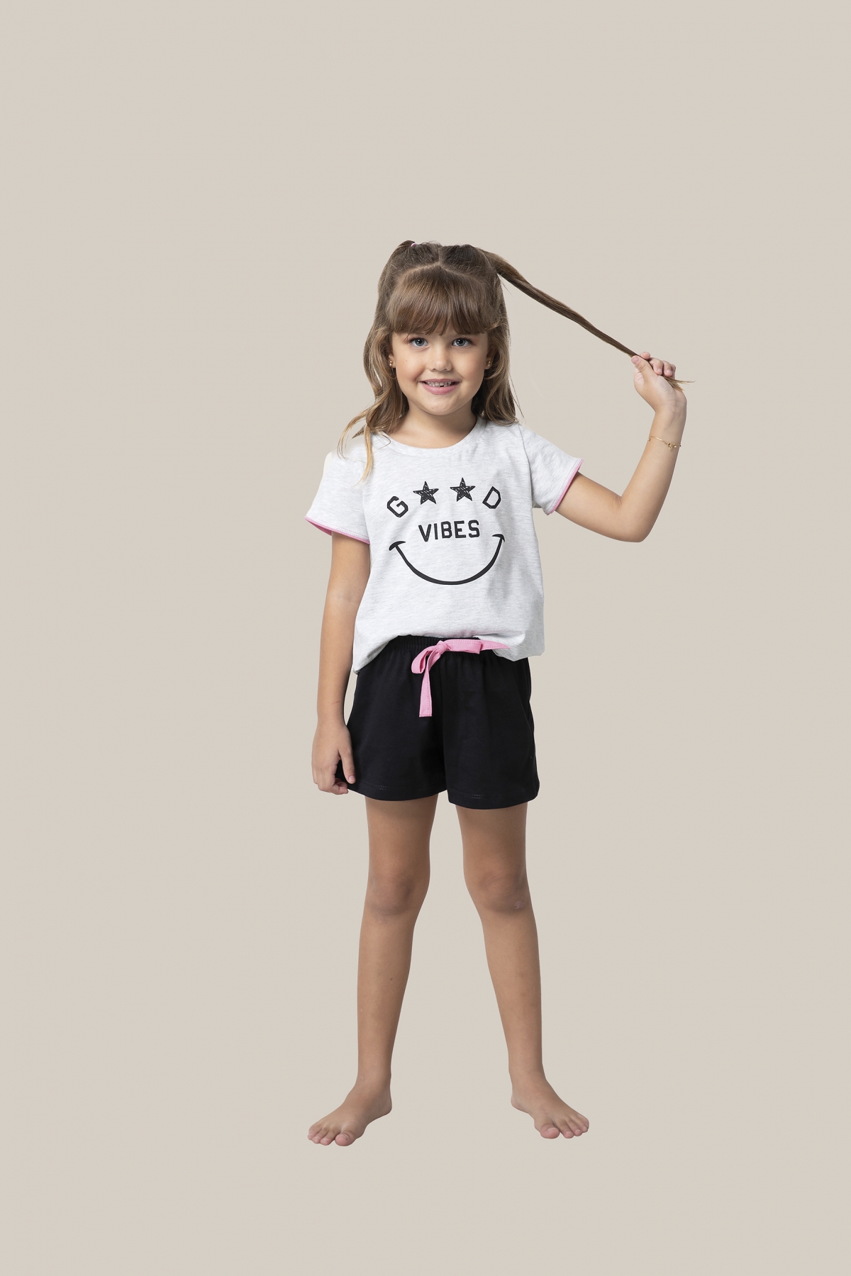 SHORTDOLL FEMININO INFANTIL BOCEJINHO MANGA CURTA GOOD VIBES ALGODÃO FAMILIA
