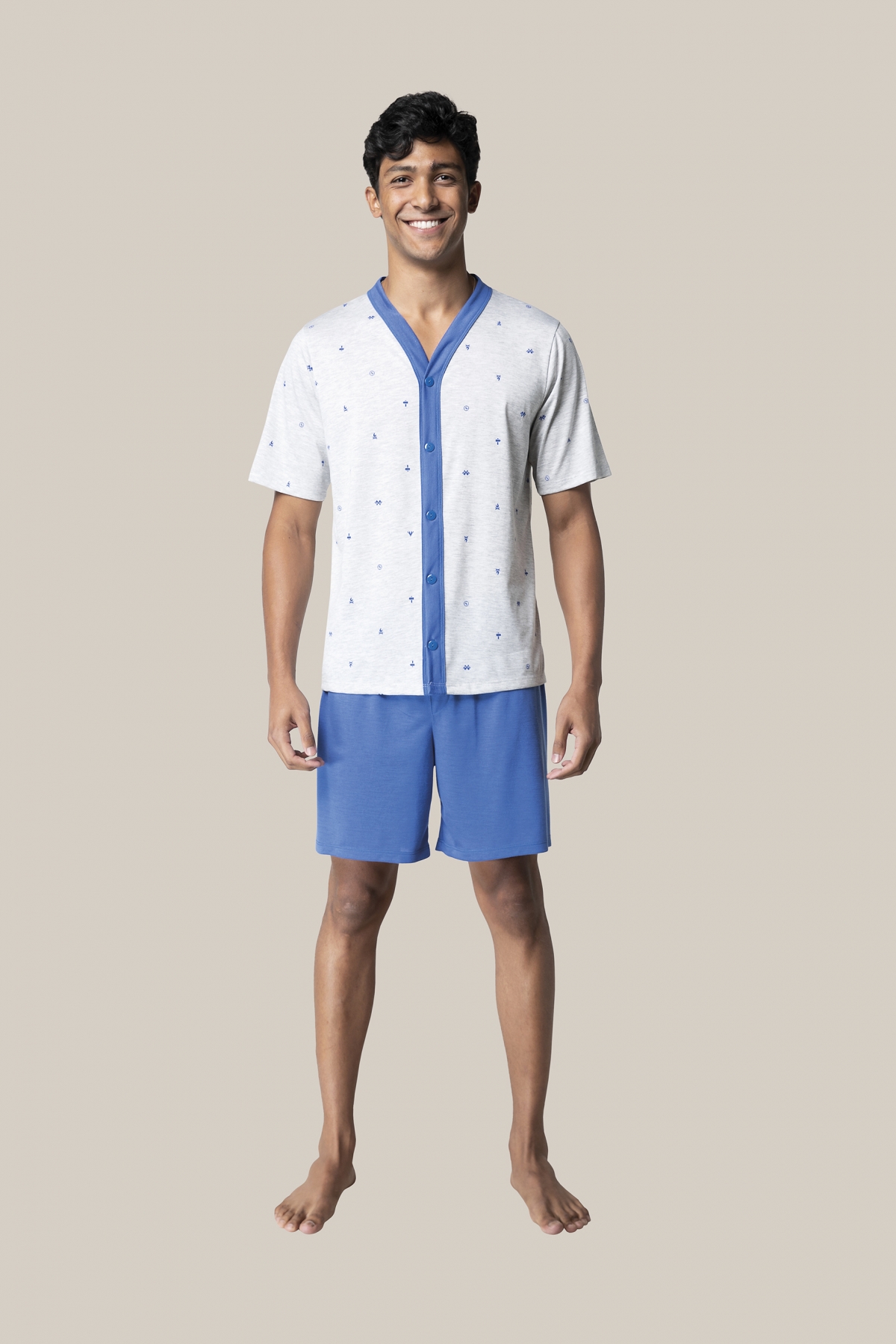 PIJAMA MASCULINO BOCEJINHO MANGA CURTA ABERTO OFF WHITE PLUS SIZE