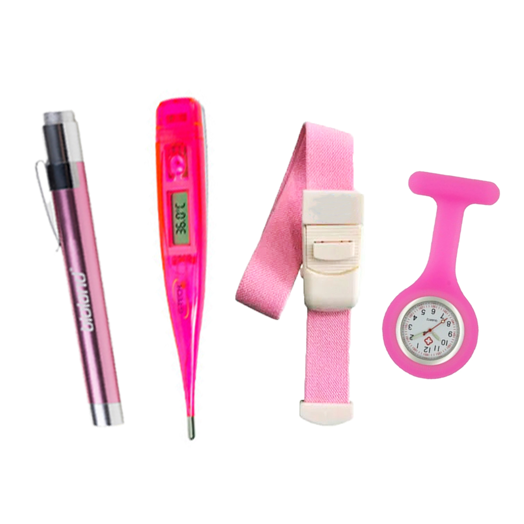 Kit Clínico Termometro Lanterna Garrote Relogio Rosa