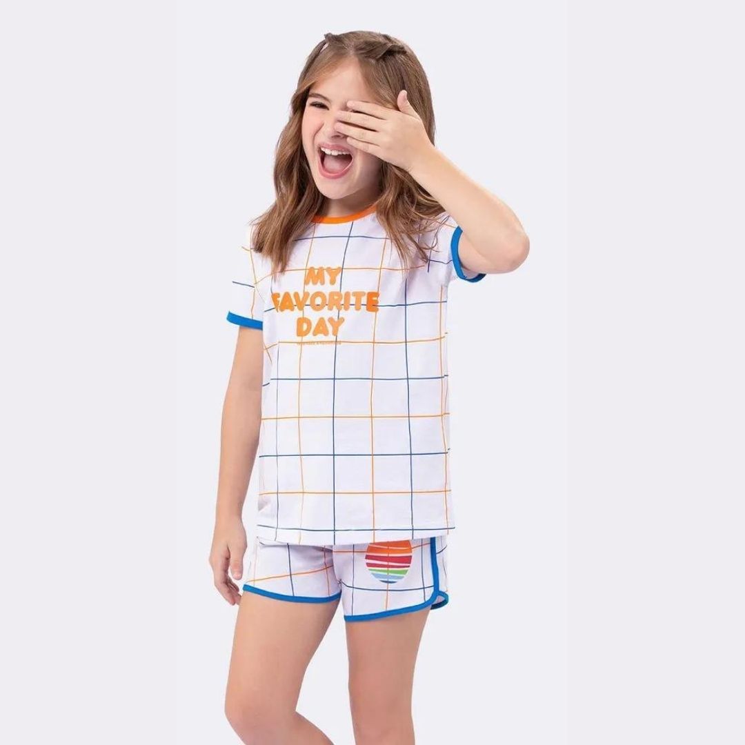 SHORTDOLL FEMININO INFANTIL VEGGI MANGA CURTA LARANJA LISTRAS