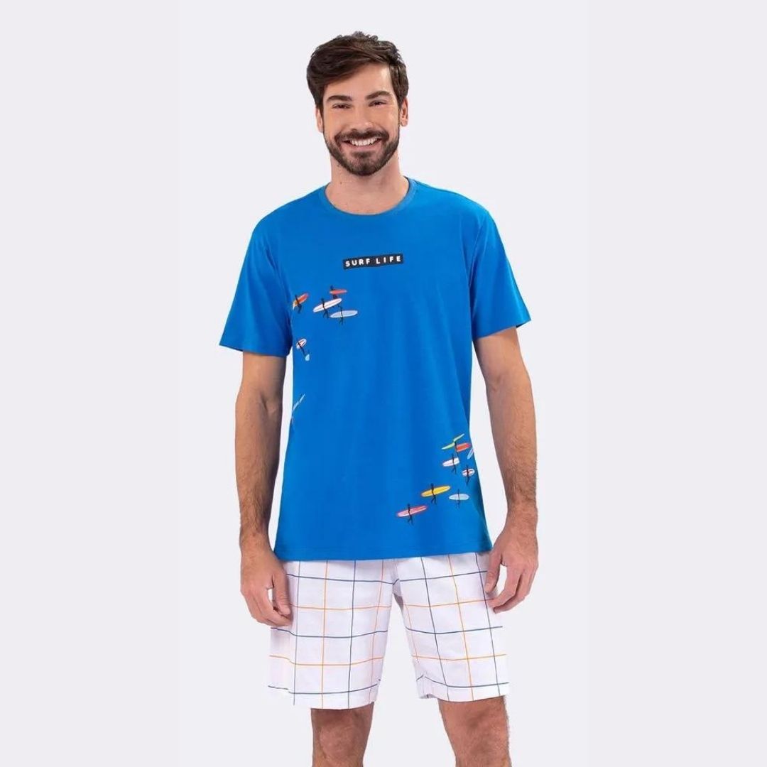 PIJAMA MASCULINO VEGGI MANGA CURTA SURFISTA LIFE AZUL