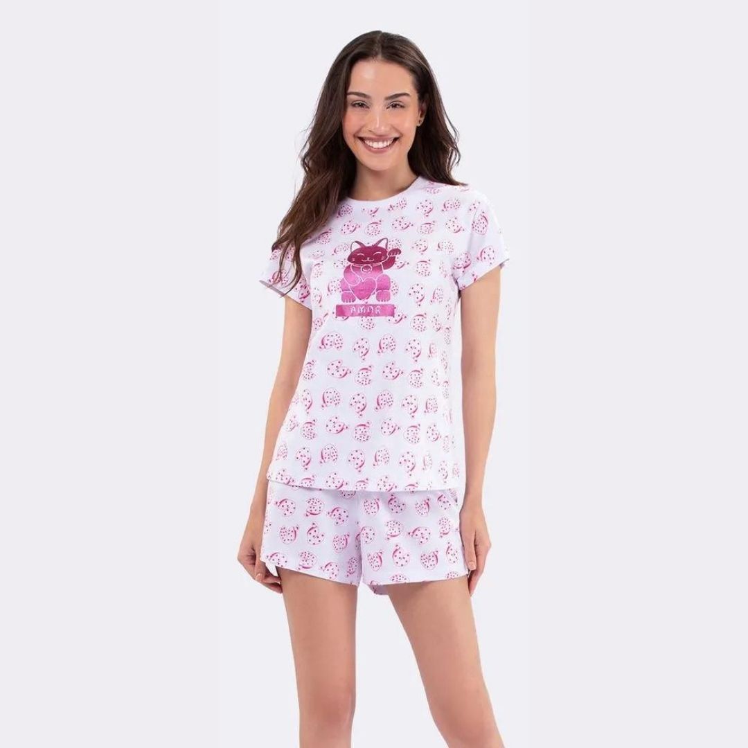 SHORTDOLL FEMININO VEGGI MANGA CURTA GATO ROSA