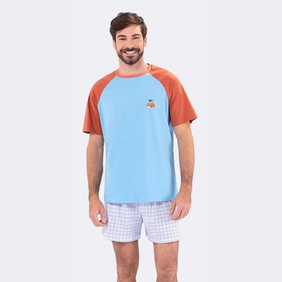 PIJAMA MASCULINO VEGGI MANGA CURTA AZUL MARROM LISTRADO