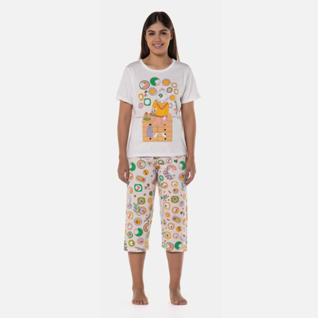 PIJAMA FEMININO SONHART MANGA CURTA COM CALÇA CAPRI BEGE