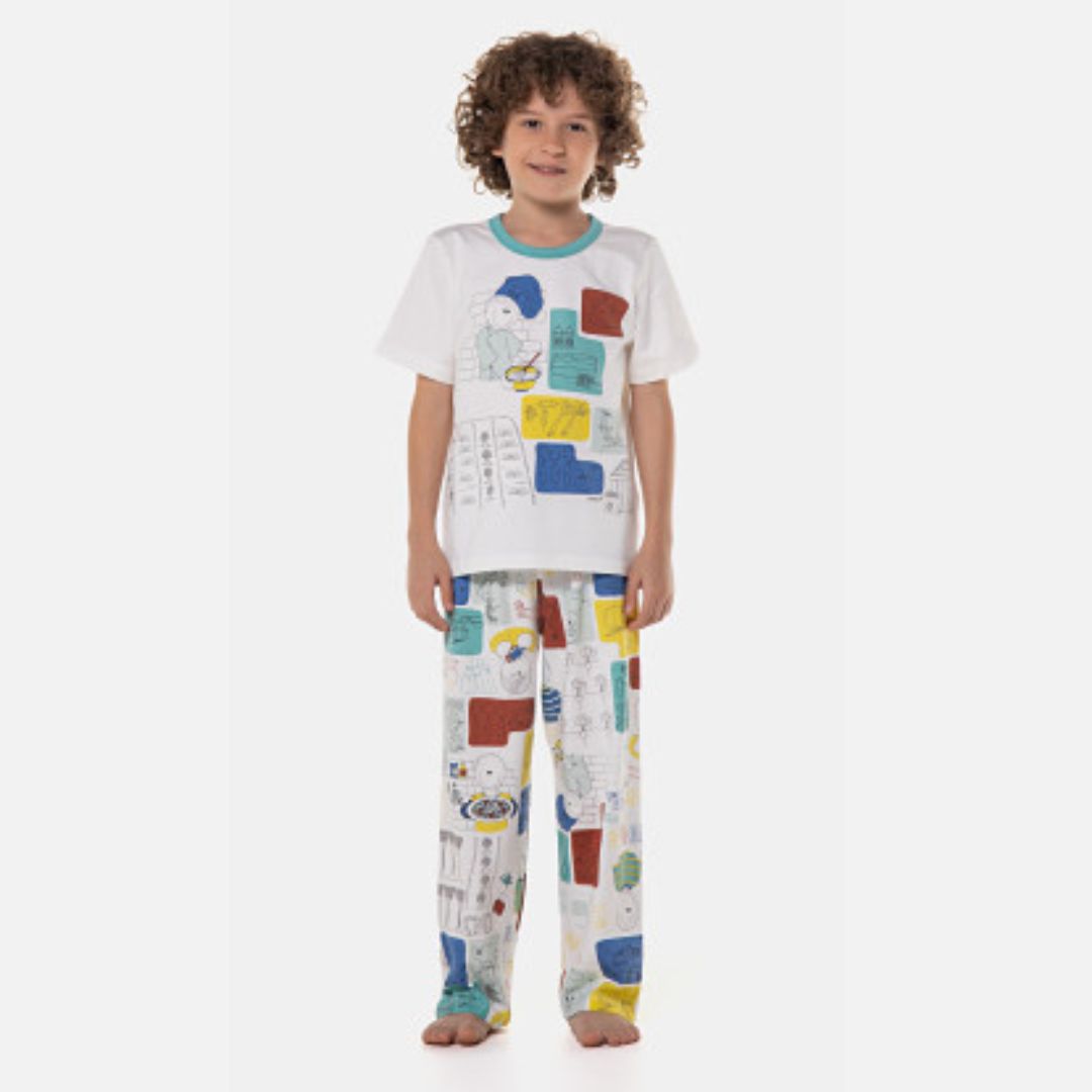 PIJAMA MASCULINO INFANTIL SONHART MANGA CURTA GOLA VERDE BEGE