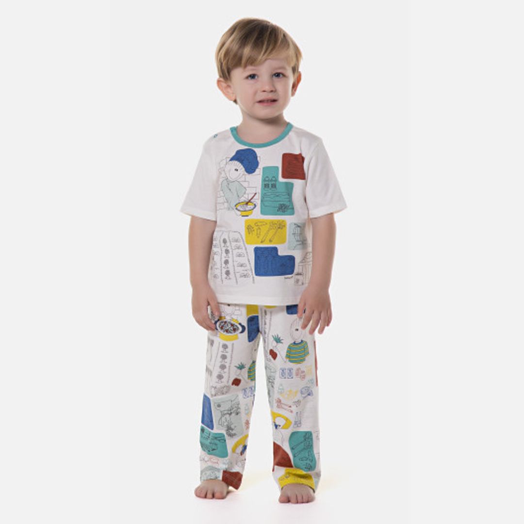 PIJAMA MASCULINO INFANTIL SONHART MANGA CURTA E CALÇA GOLA VERDE BEGE