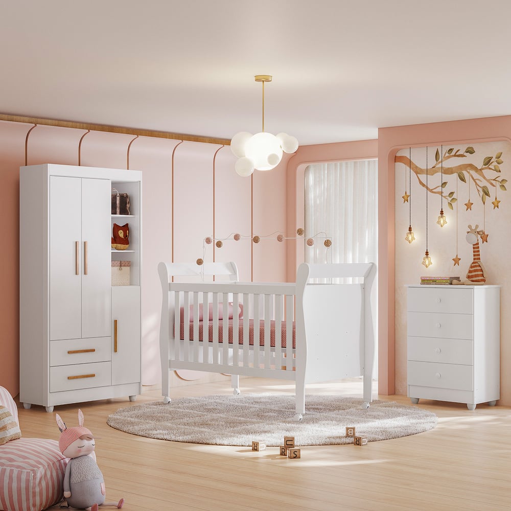 Quarto de Bebê Completo com Cômoda Berço com Colchão e Guarda Roupa Zara Tigus Baby