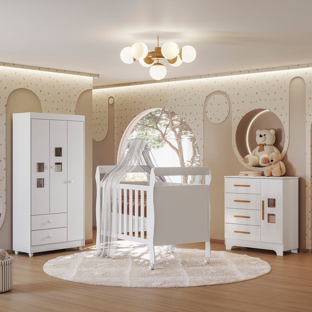 Quarto de Bebê Completo com Cômoda Berço com Colchão e Guarda Roupa Mila Tigus Baby