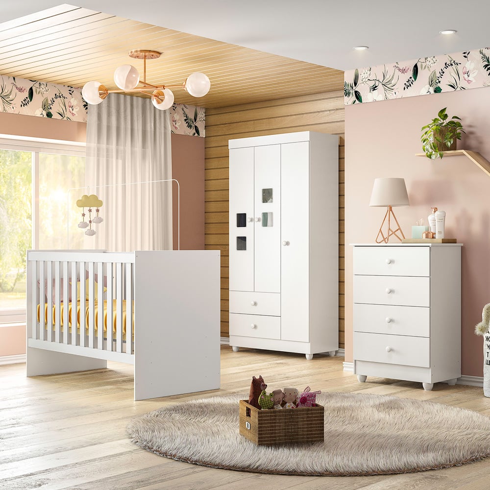 Quarto de Bebê 100% MDF Berço Minicama life com Colchão, Cômoda e Guarda Roupa 3 Portas Life Tigus Baby