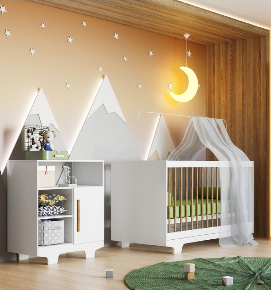 Quarto de Bebê 100% MDF com Berço Minicama e Cômoda Flocos Tigus Baby