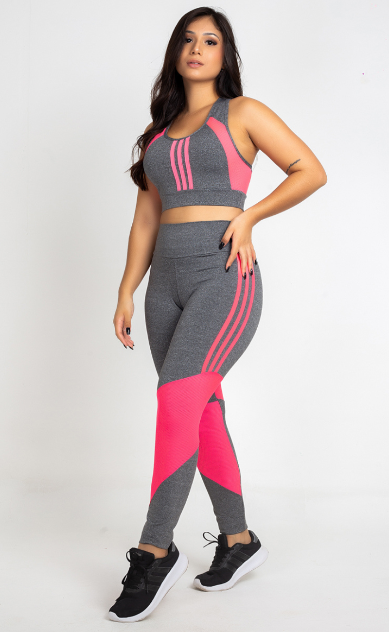 Conjunto Fitness Top Nadador e Calça Legging Cinza e Rosa Dry Fit