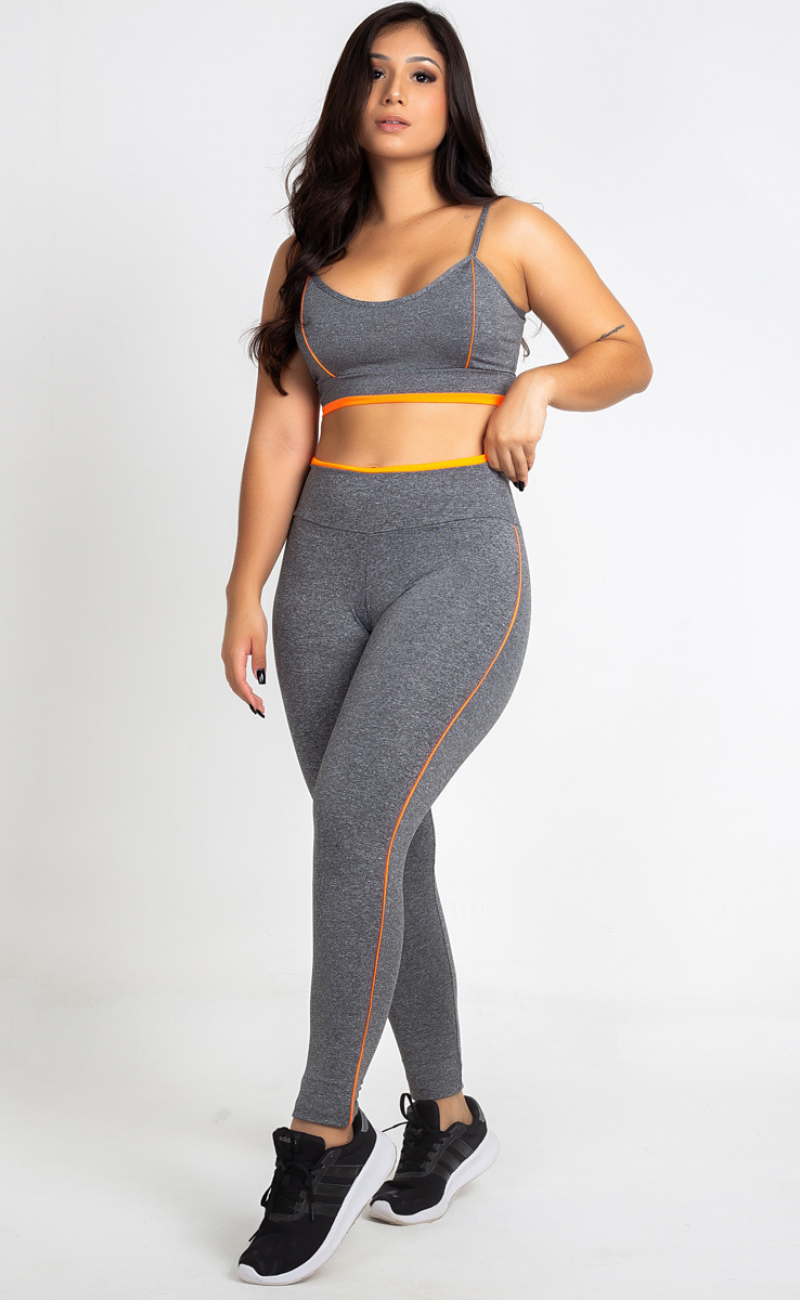 Conjunto Fitness Top Transpasse Costas e Calça Legging Cinza e Laranjan Neon