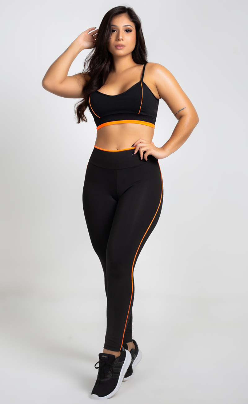 Conjunto Fitness Top Transpasse Costas e Calça Legging Preto e Laranja Neon