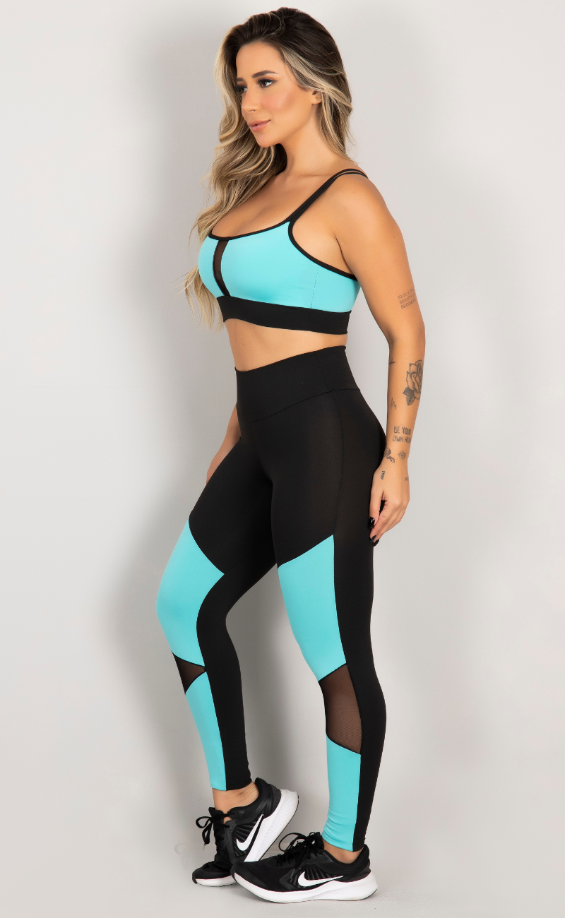 Conjunto Fitness Top Alcinha Dupla e Calça Cós Alto Recortes Tule Preto e Azul Claro Move