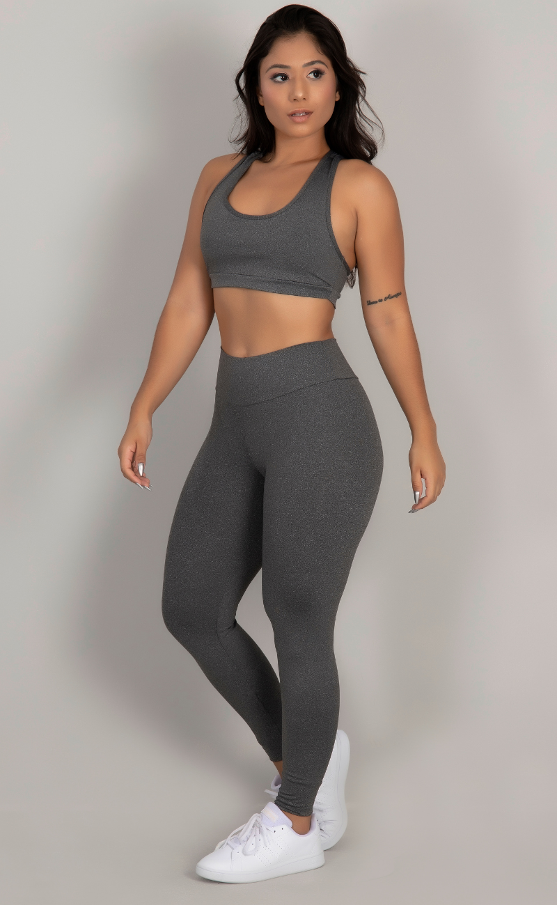 Conjunto Fitness Top Nadador e Calça Cós Alto Cinza