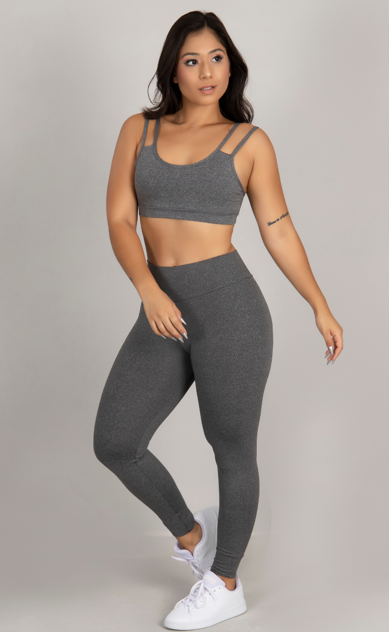 Conjunto Fitness Top Alça Dupla e Calça Básica Cós Alto Cinza