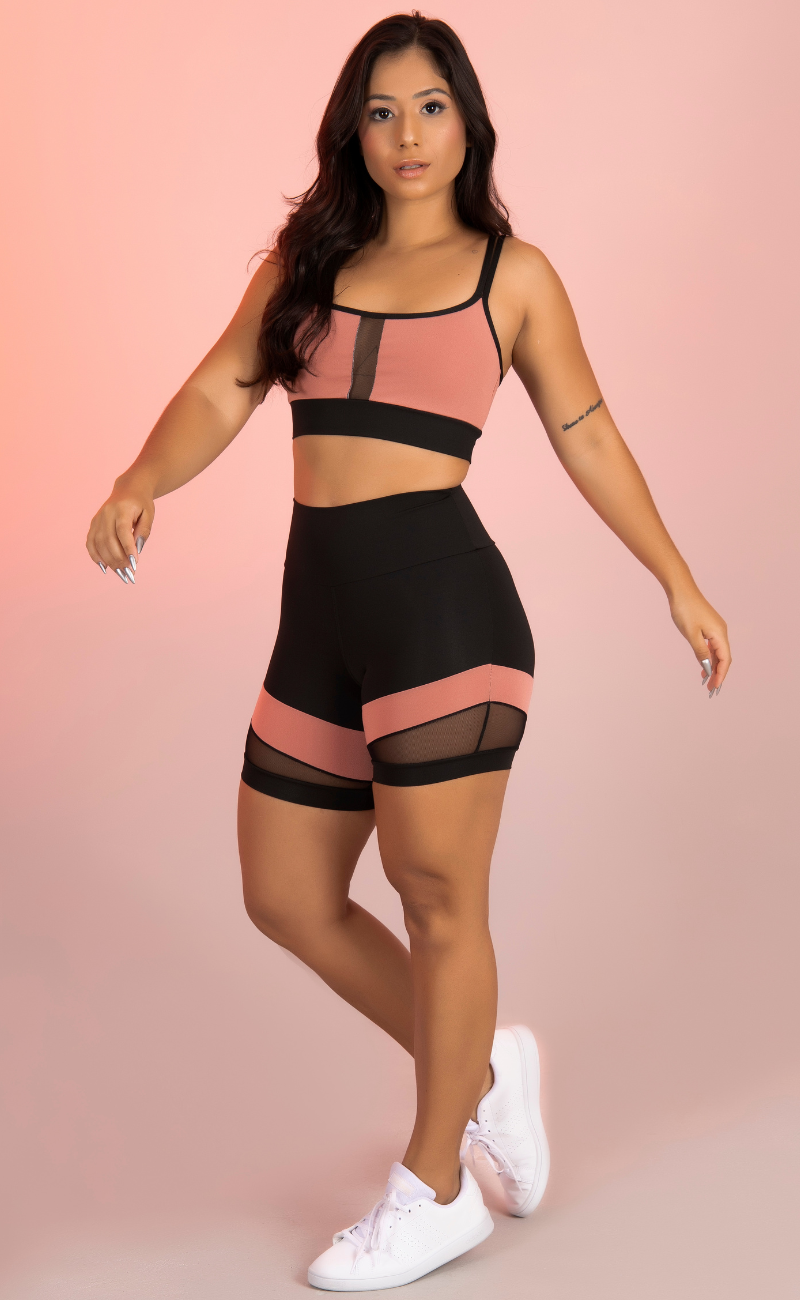 Conjunto Fitness Top Alcinha Dupla e Bermuda Cós Alto Recortes Tule Preto e Rosa Claro Move