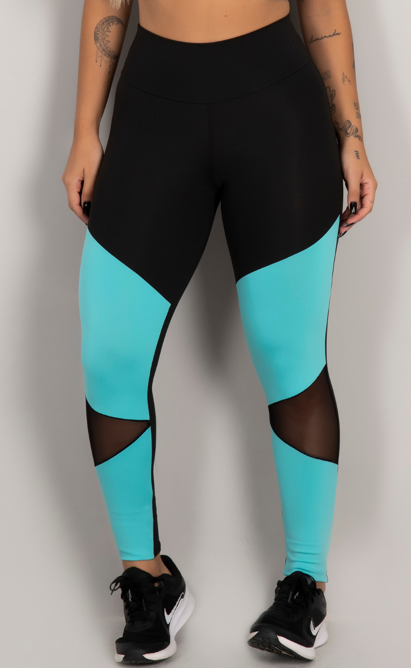 Calça Legging Cós Alto Recortes Tule Preto e Azul Claro Move