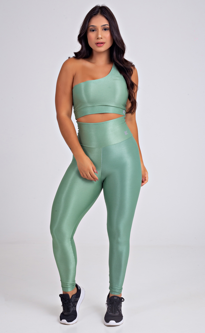 Conjunto Fitness Top e Legging Canelados Verde Claro Acetinado