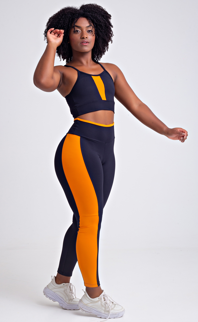 Conjunto Fitness Top Nadador e Legging Listra Lateral Preto