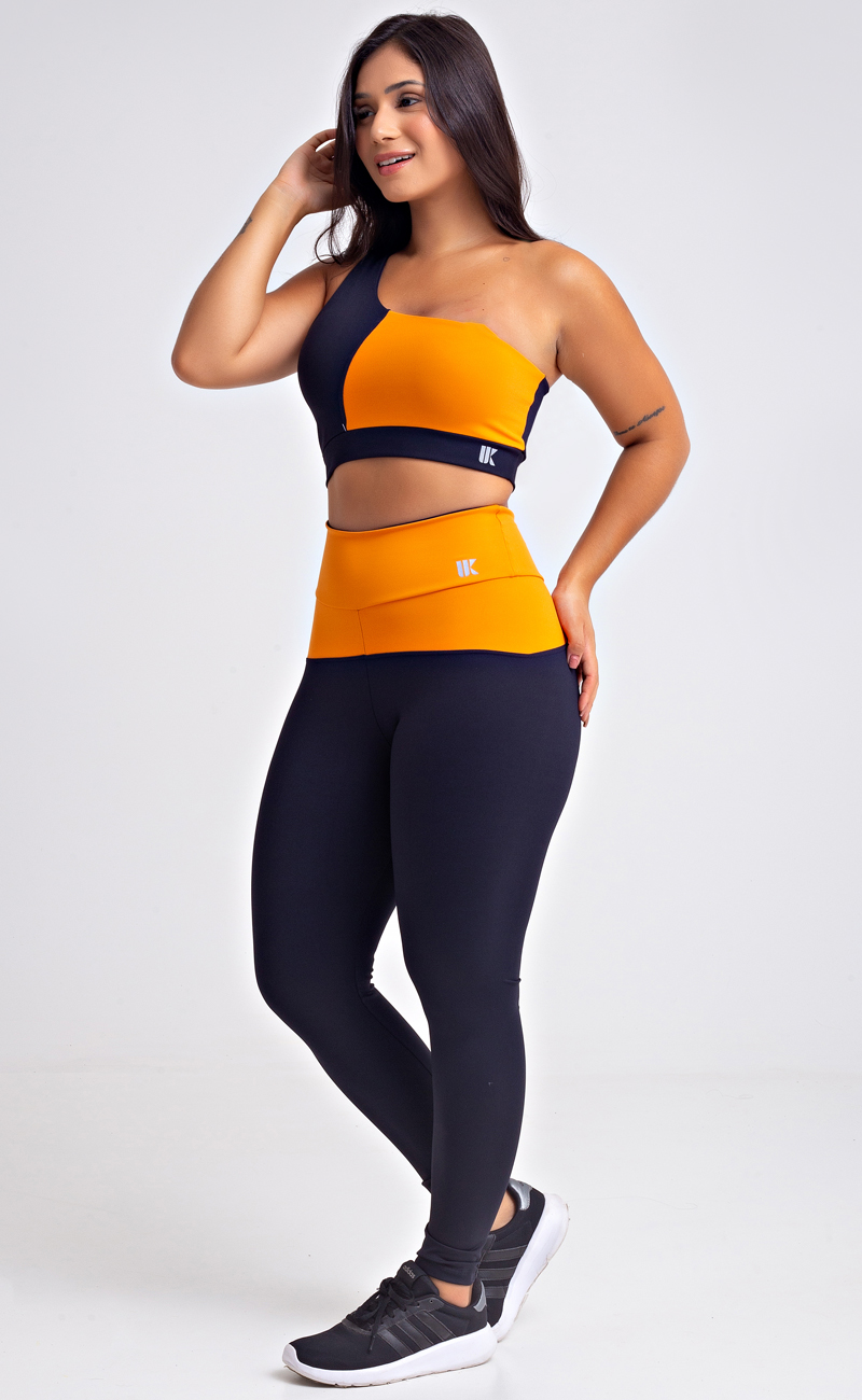 Conjunto Fitness Top Ombro Só e Legging Cós Alto Preto Duo Colors